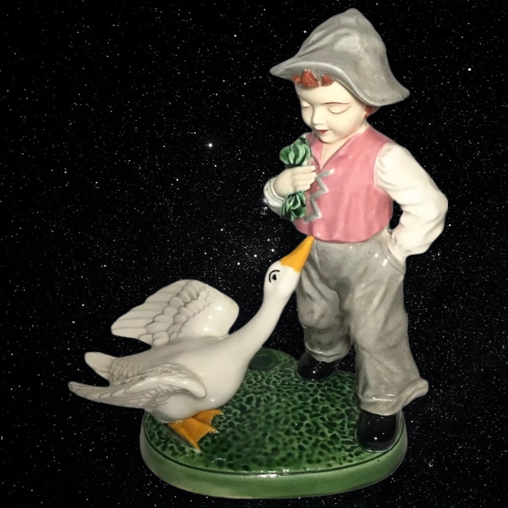 Vintage Holland Mold 1960's Boy with Geese Figurines Hand Painted